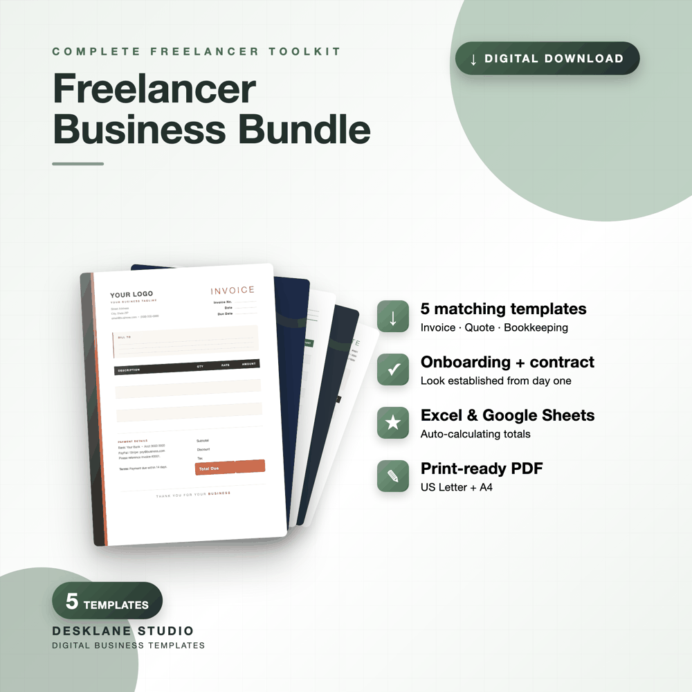 Übersicht des kompletten Freelancer-Business-Sets mit Rechnungs-, Angebots- und Buchhaltungsseiten